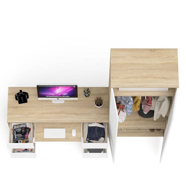 Стол компьютерный МС-2 две тумбы с ящиками с двухдверным шкафом Мори цвет дуб сонома/белый