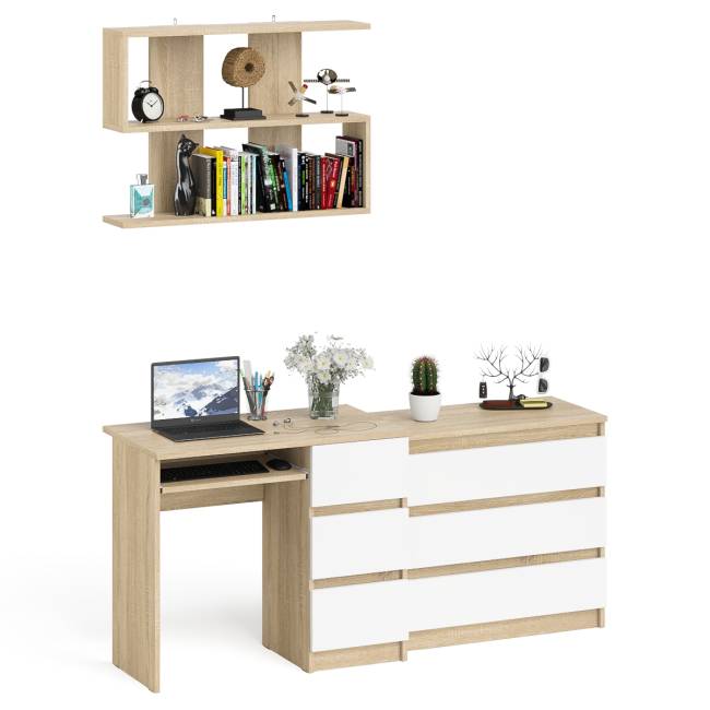 Стол компьютерный Мори МС-6 правый с навсеной полкой сверху и комодом на три ящика цвет дуб сонома/белый