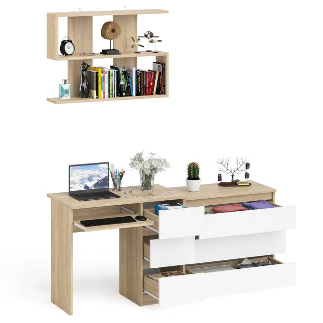 Стол компьютерный Мори МС-6 правый с навсеной полкой сверху и комодом на три ящика цвет дуб сонома/белый