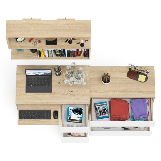 Стол компьютерный Мори МС-6 правый с навсеной полкой сверху и комодом на три ящика цвет дуб сонома/белый