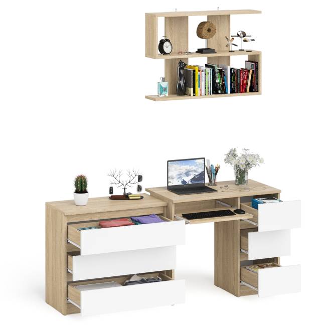 Стол компьютерный Мори МС-6 правый с навсеной полкой сверху и комодом на три ящика цвет дуб сонома/белый
