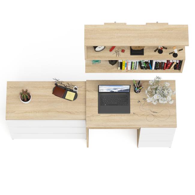 Стол компьютерный Мори МС-6 правый с навсеной полкой сверху и комодом на три ящика цвет дуб сонома/белый
