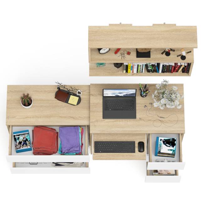 Стол компьютерный Мори МС-6 правый с навсеной полкой сверху и комодом на три ящика цвет дуб сонома/белый