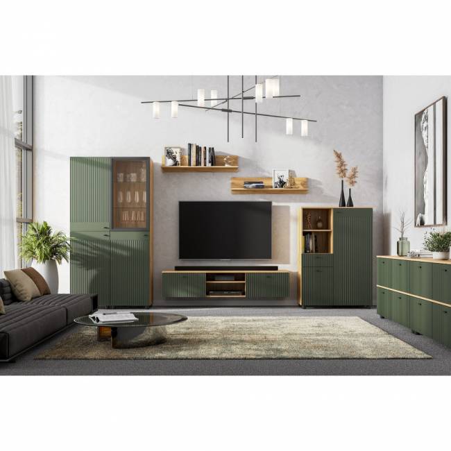 МС "МИЛАН" Пенал со стеклом, Дуб Золотой/Черный/Олива Софт