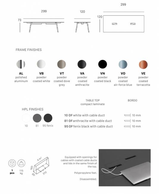 Стол ламинированный с каналом для протяжки проводов Squid OF алюминиевый, антрацит 2990х1200х730 мм