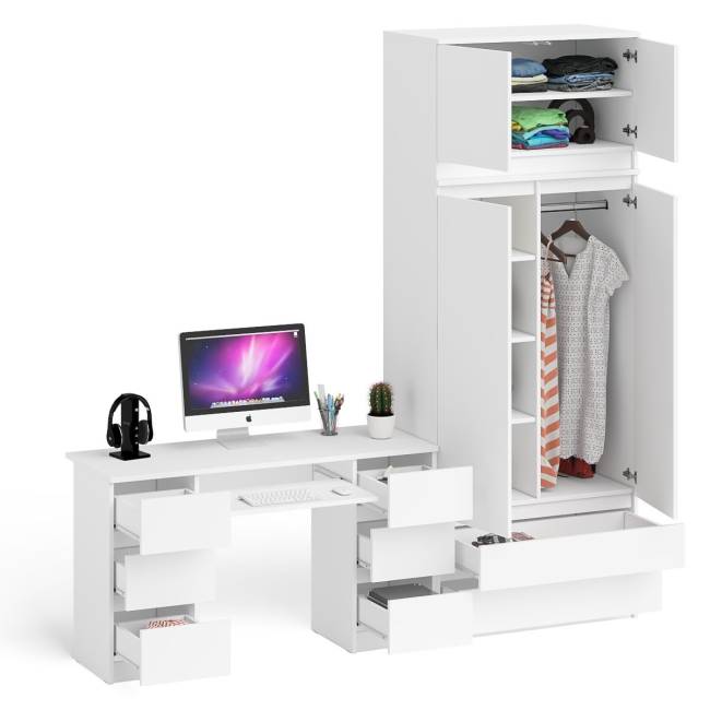 Стол 2-х тумбовый компьютерный со шкафом и антресолью на 900 Мори цвет белый
