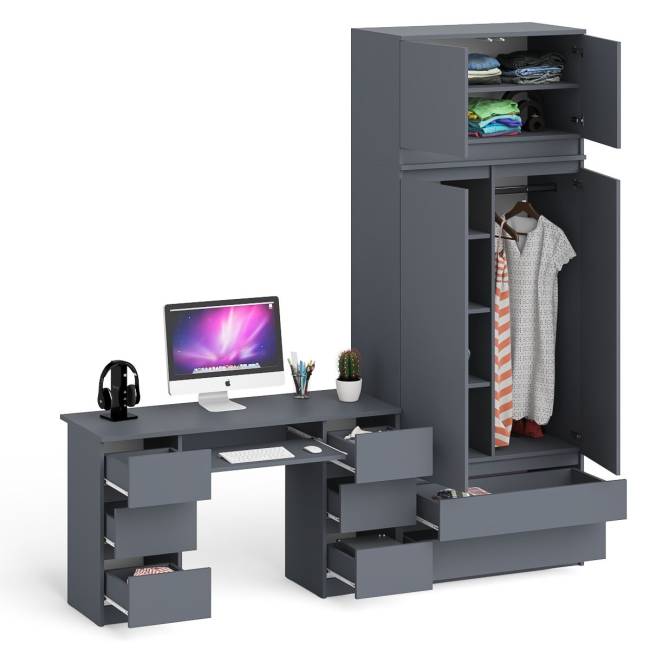 Стол 2-х тумбовый компьютерный со шкафом и антресолью на 900 Мори цвет графит
