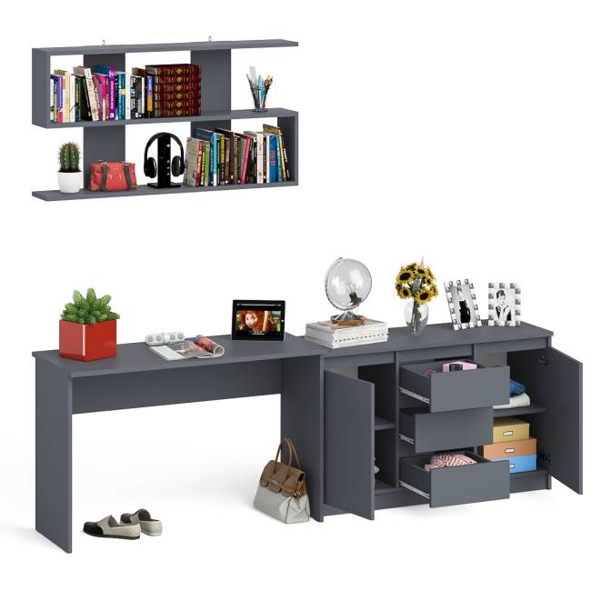 Стол письменный Мори 1200 с открытой полкой и тумбой-комодом цвет графит