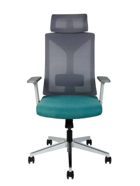 Кресло офисное / Бостон / серая сетка / морская волна ткань / серый пластик / хром крестовина
