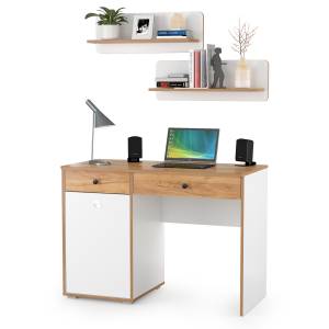 Письменный стол Вуди с двумя навесными полками цвет белый премиум/дуб крафт золотой