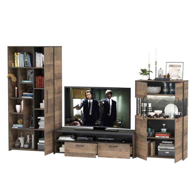 Шкаф-стеллаж лофт с комодом с подсветкой и тумбой для аппаратуры Трувор цвет дуб гранж песочный/интра