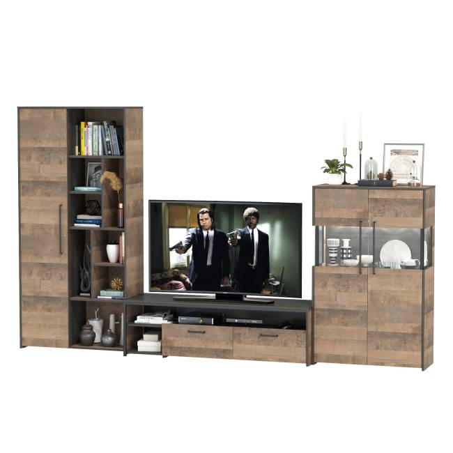 Шкаф-стеллаж лофт с комодом с подсветкой и тумбой для аппаратуры Трувор цвет дуб гранж песочный/интра