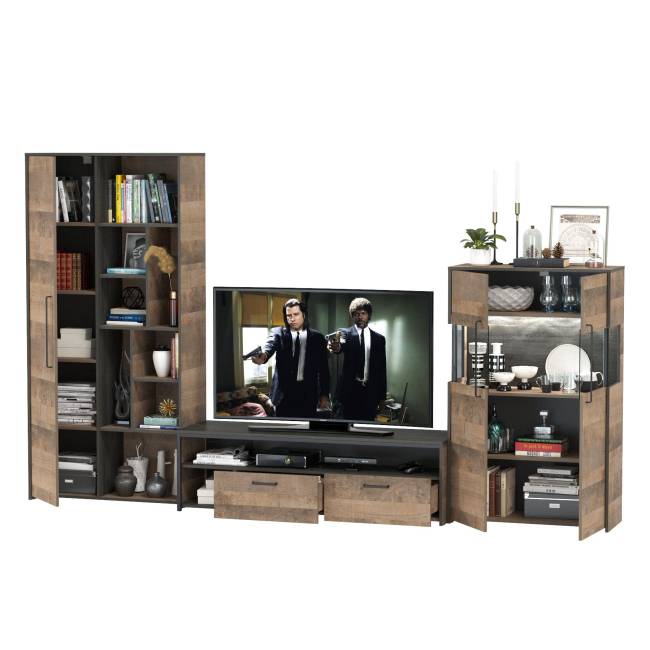 Шкаф-стеллаж лофт с комодом с подсветкой и тумбой для аппаратуры Трувор цвет дуб гранж песочный/интра