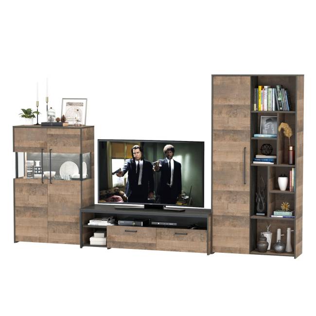 Шкаф-стеллаж лофт с комодом с подсветкой и тумбой для аппаратуры Трувор цвет дуб гранж песочный/интра