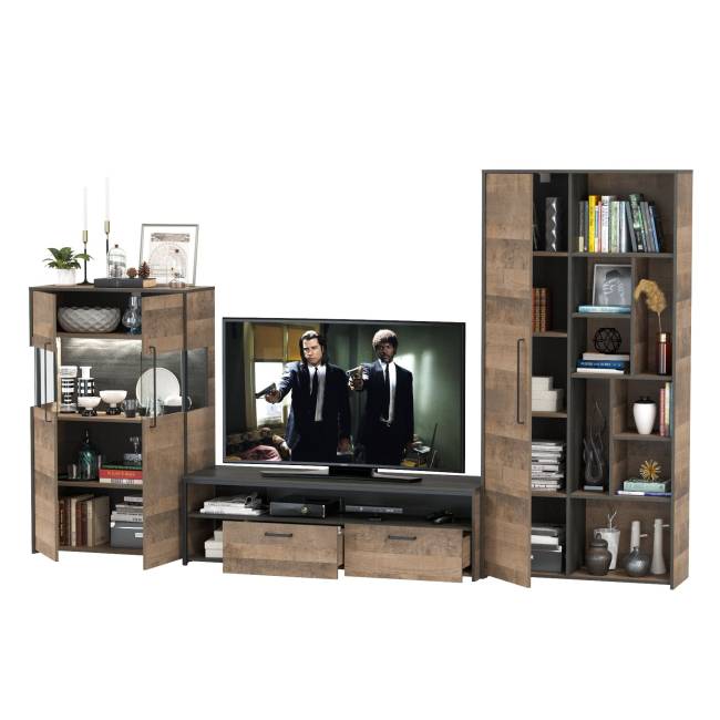 Шкаф-стеллаж лофт с комодом с подсветкой и тумбой для аппаратуры Трувор цвет дуб гранж песочный/интра