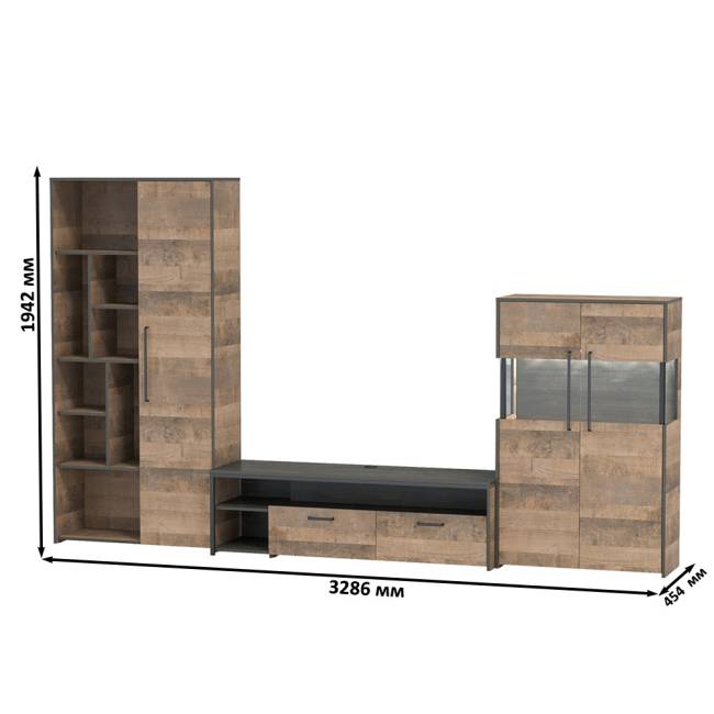 Шкаф-стеллаж лофт с комодом с подсветкой и тумбой для аппаратуры Трувор цвет дуб гранж песочный/интра
