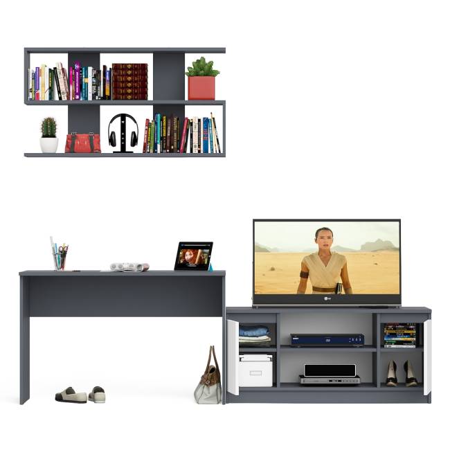 Широкая тумба Мори 1200 с письменным столом 1200.1 и полкой 1200 цвет графит/белый