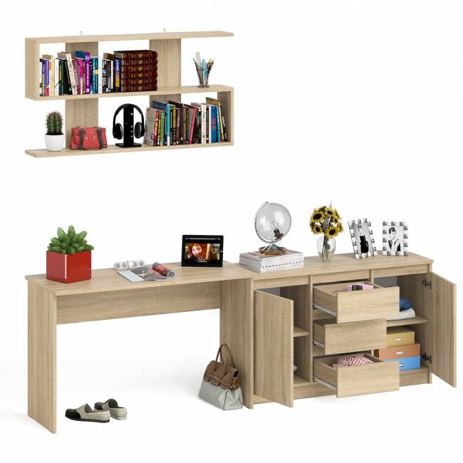 Стол письменный Мори 1200 с открытой полкой и тумбой-комодом цвет дуб сонома