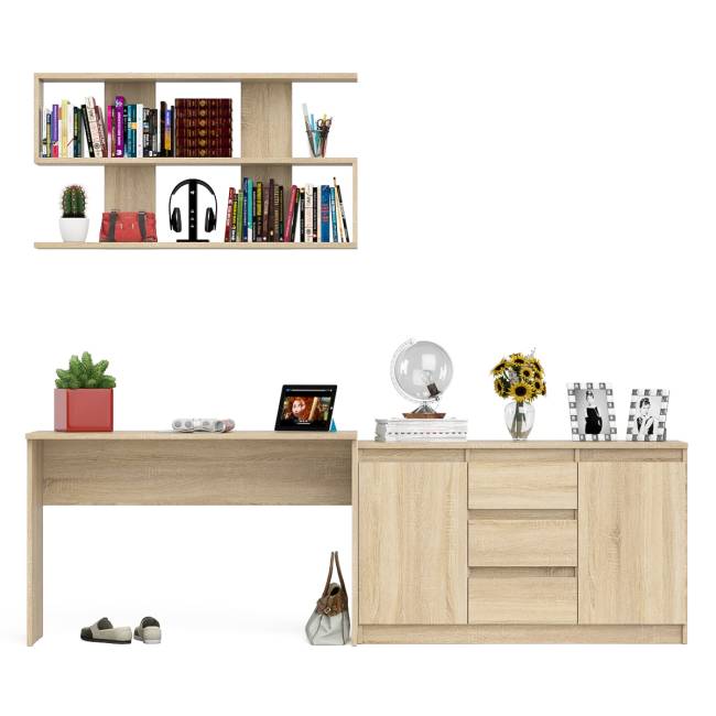 Стол письменный Мори 1200 с открытой полкой и тумбой-комодом цвет дуб сонома