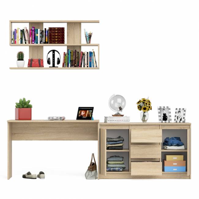 Стол письменный Мори 1200 с открытой полкой и тумбой-комодом цвет дуб сонома