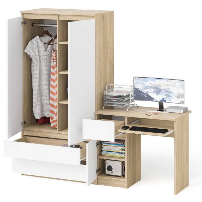 Шкаф-комод Мори МШ900 2 ящика и две дверки со столом компьютерным МС-1 левым Мори цвет дуб сонома/белый
