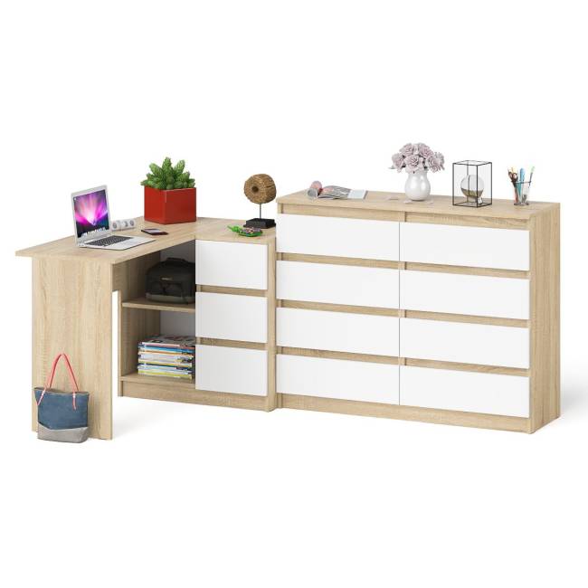 Компьютерный стол МС-16 правый с комодом МК1200 8 ящиков Мори цвет дуб сонома/белый