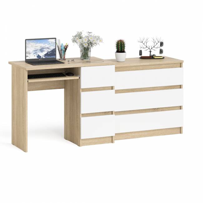 Компьютерный стол с тремя ящиками МС-6 правый с комодом на три ящика Мори цвет дуб сонома/белый