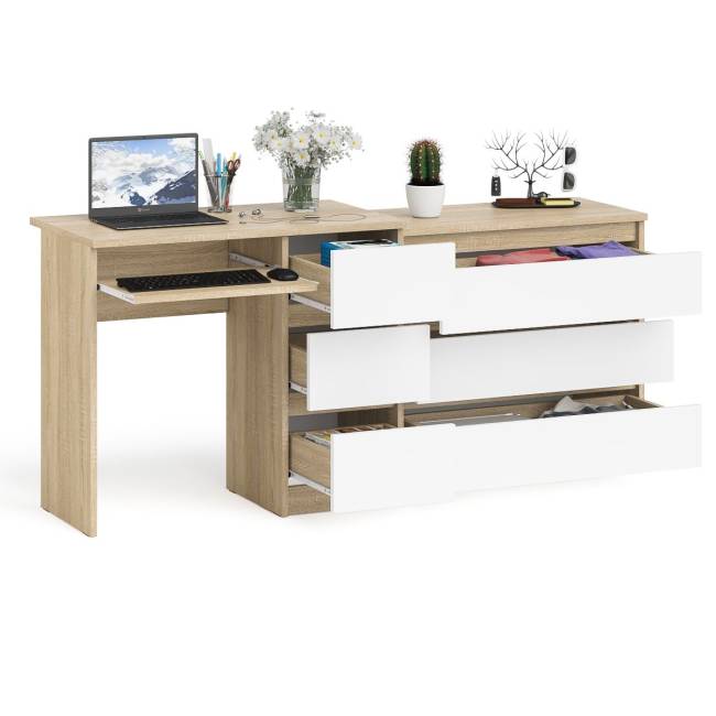 Компьютерный стол с тремя ящиками МС-6 правый с комодом на три ящика Мори цвет дуб сонома/белый