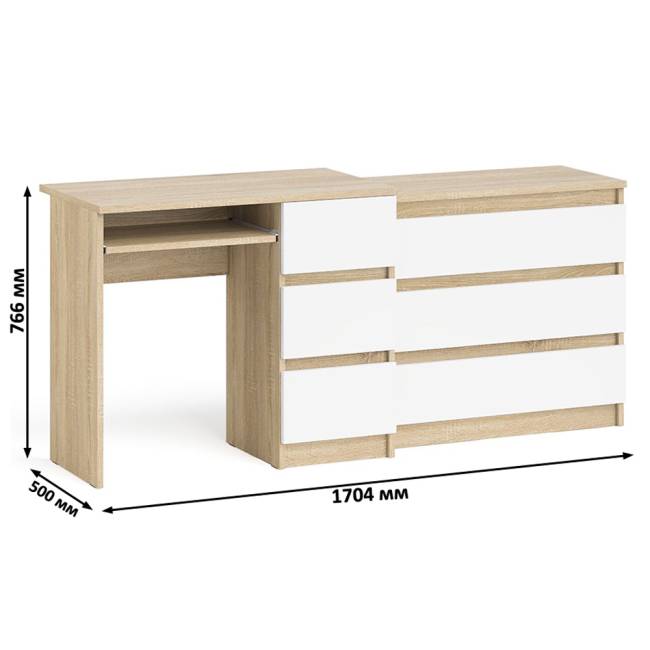 Компьютерный стол с тремя ящиками МС-6 правый с комодом на три ящика Мори цвет дуб сонома/белый