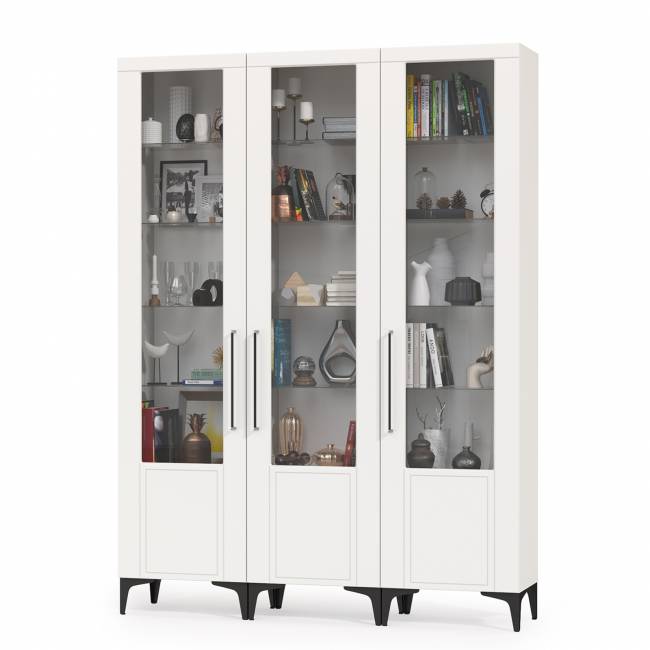 Три пенала со стеклом для гостиной Валенсия цвет белый шагрень