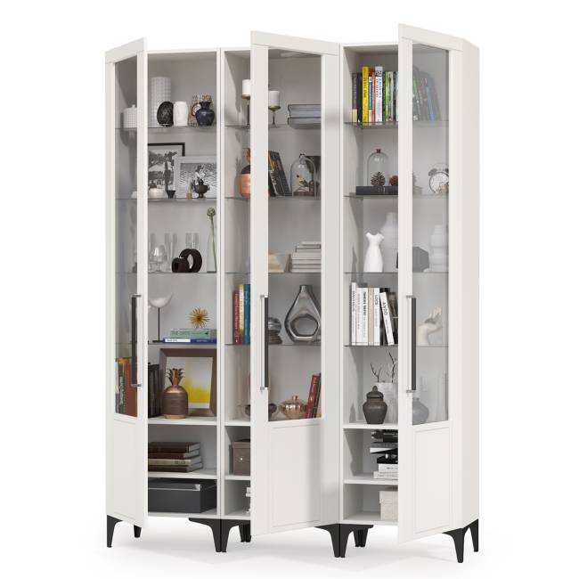 Три пенала со стеклом для гостиной Валенсия цвет белый шагрень