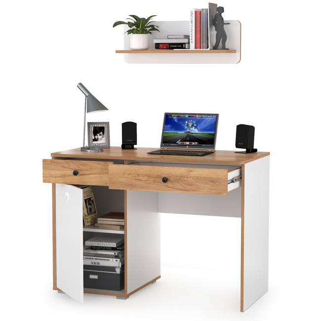 Стол письменный Вуди с навесной полкой цвет белый премиум/дуб крафт золотой