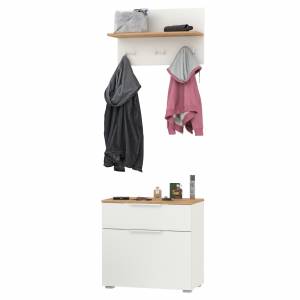 Обувница с вешалкой для верхней одежды с полкой Октава цвет белый шагрень/дуб крафт золотой