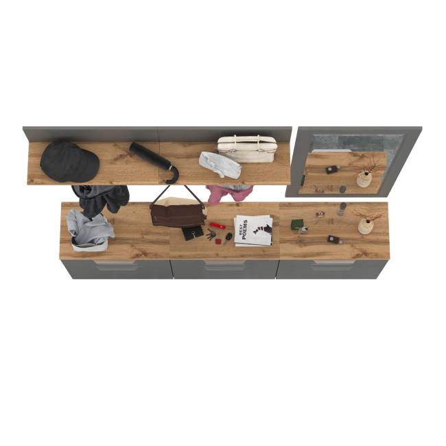 Три обувницы с зеркалом и вешалками для одежды Октава цвет серый графит/дуб крафт золотой