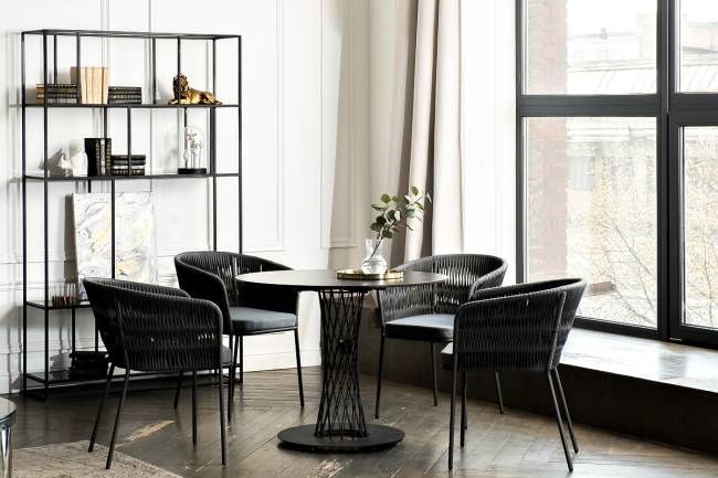 "Диего" обеденная группа на 4 персоны со стульями "Бордо" плетения колос, столешница "серый гранит"