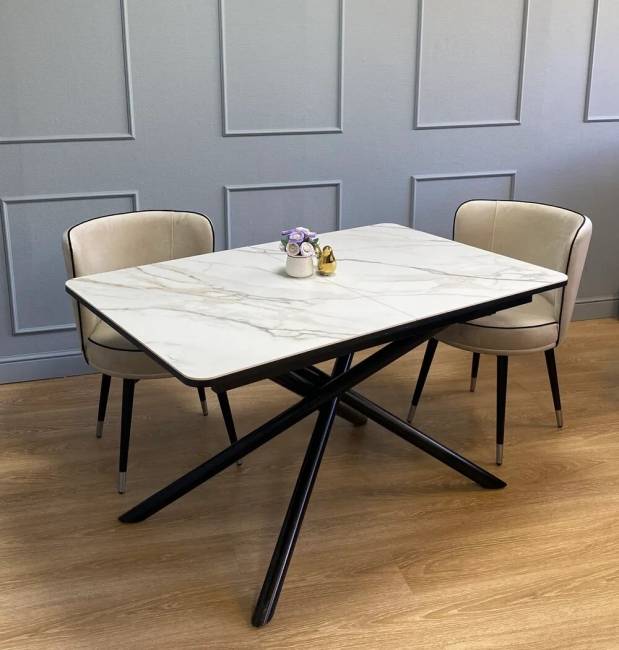 Стол керамический Alfa 120-165*80*76 бежевый мрамор/черный