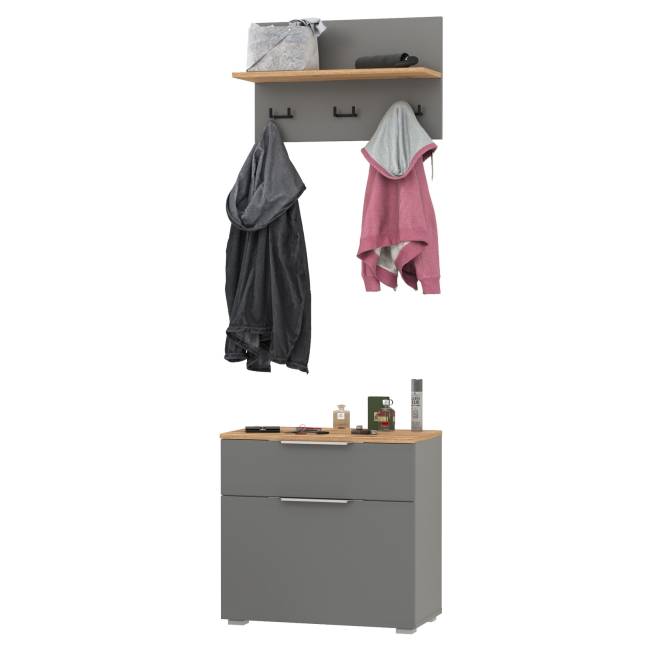 Обувница с вешалкой для верхней одежды с полкой Октава цвет серый графит/дуб крафт золотой