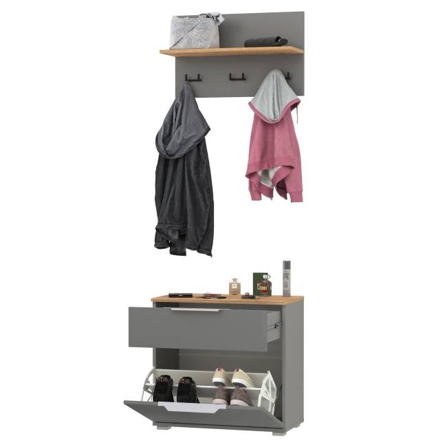 Обувница с вешалкой для верхней одежды с полкой Октава цвет серый графит/дуб крафт золотой