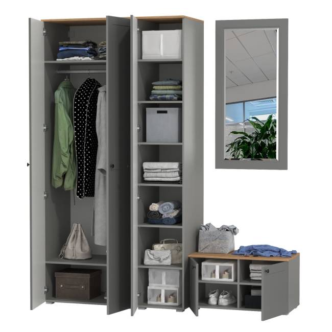 Шкаф 2-х дверный с тумбой и зеркалом и пеналом для прихожей Остин цвет серый графит/дуб крафт золотой