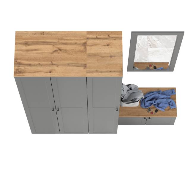 Шкаф 2-х дверный с тумбой и зеркалом и пеналом для прихожей Остин цвет серый графит/дуб крафт золотой