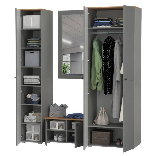 Шкаф 2-х дверный с тумбой и зеркалом и пеналом для прихожей Остин цвет серый графит/дуб крафт золотой