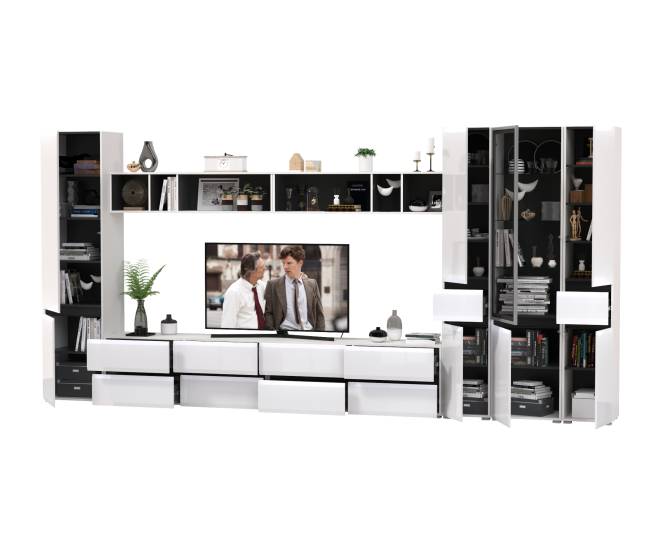 Сидней модульная стенка для гостиной № 86 цвет белый/чёрный/МДФ белый глянец