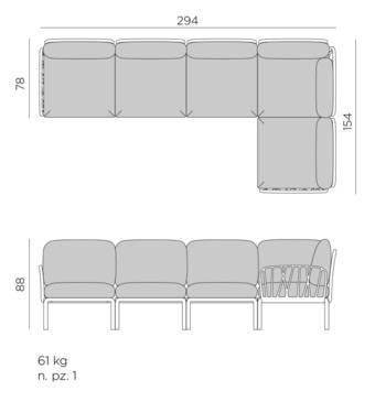 Диван пластиковый с подушками Komodo 5 агава, серый 2940х1540х880 мм Диван пластиковый с подушками Komodo 5 агава, серый 2940х1540х880 мм