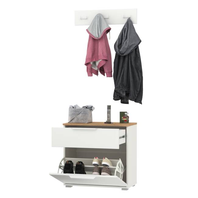 Тумба для обуви с вешалкой для верхней одежды Октава цвет белый шагрень/дуб крафт золотой