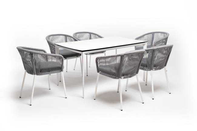 "Малага" обеденная группа на 6 персон со стульями "Марсель", каркас белый, роуп светло-серый