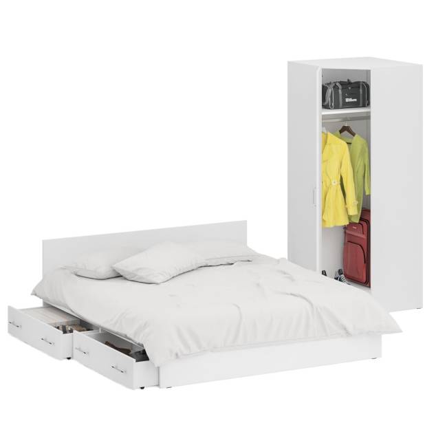 Двуспальная Кровать белая с ящиками 1800 с угловым шкафом Стандарт цвет белый Двуспальная Кровать белая с ящиками 1800 с угловым шкафом Стандарт цвет белый
