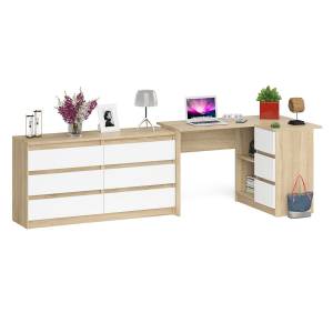Комод широкий Мори МК1380 6-ть ящиков и стол угловой компьютерный Мори МС-16 правый цвет дуб сонома/белый