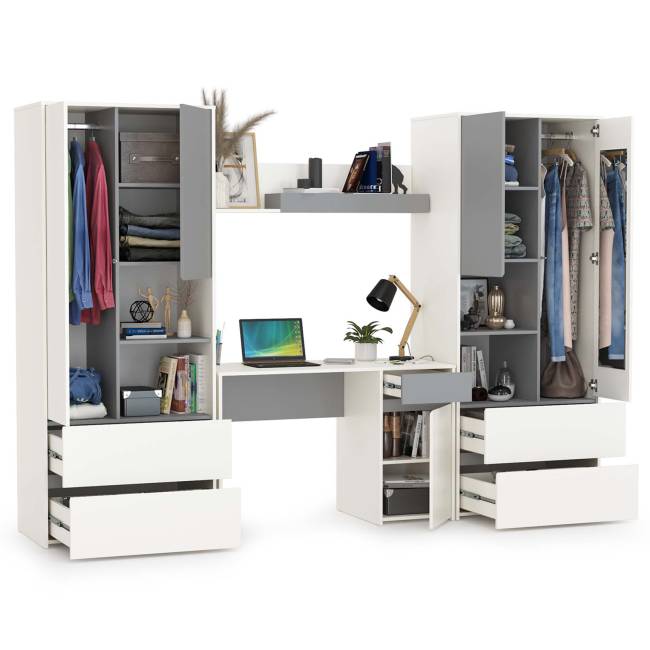 Стол компьютерный с двумя шкафами и навесной полкой Торонто цвет белый шагрень/стальной серый