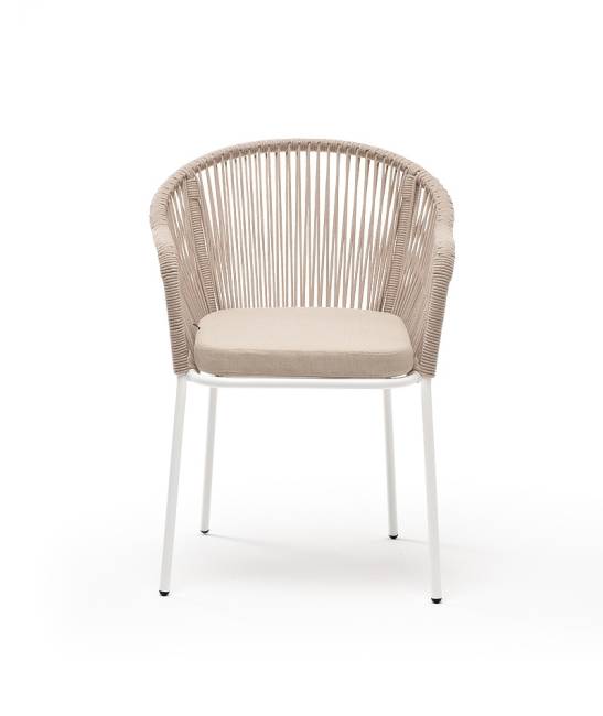 "Лион" стул плетеный из роупа, каркас из стали белый муар, роуп бежевый круглый, ткань бежевая