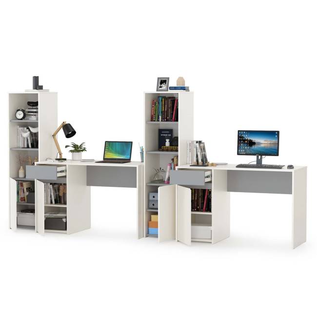 Письменные столы со стеллажами для двоих детей Торонто цвет белый шагрень/стальной серый